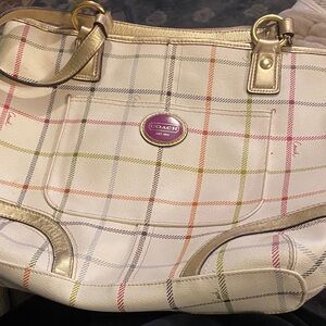 Coach White Plaid Shoulder Bag with Gold Accents